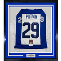 Framed Autographed/Signed Felix Potvin The Cat 35x39 Toronto White Hockey Jersey JSA COA