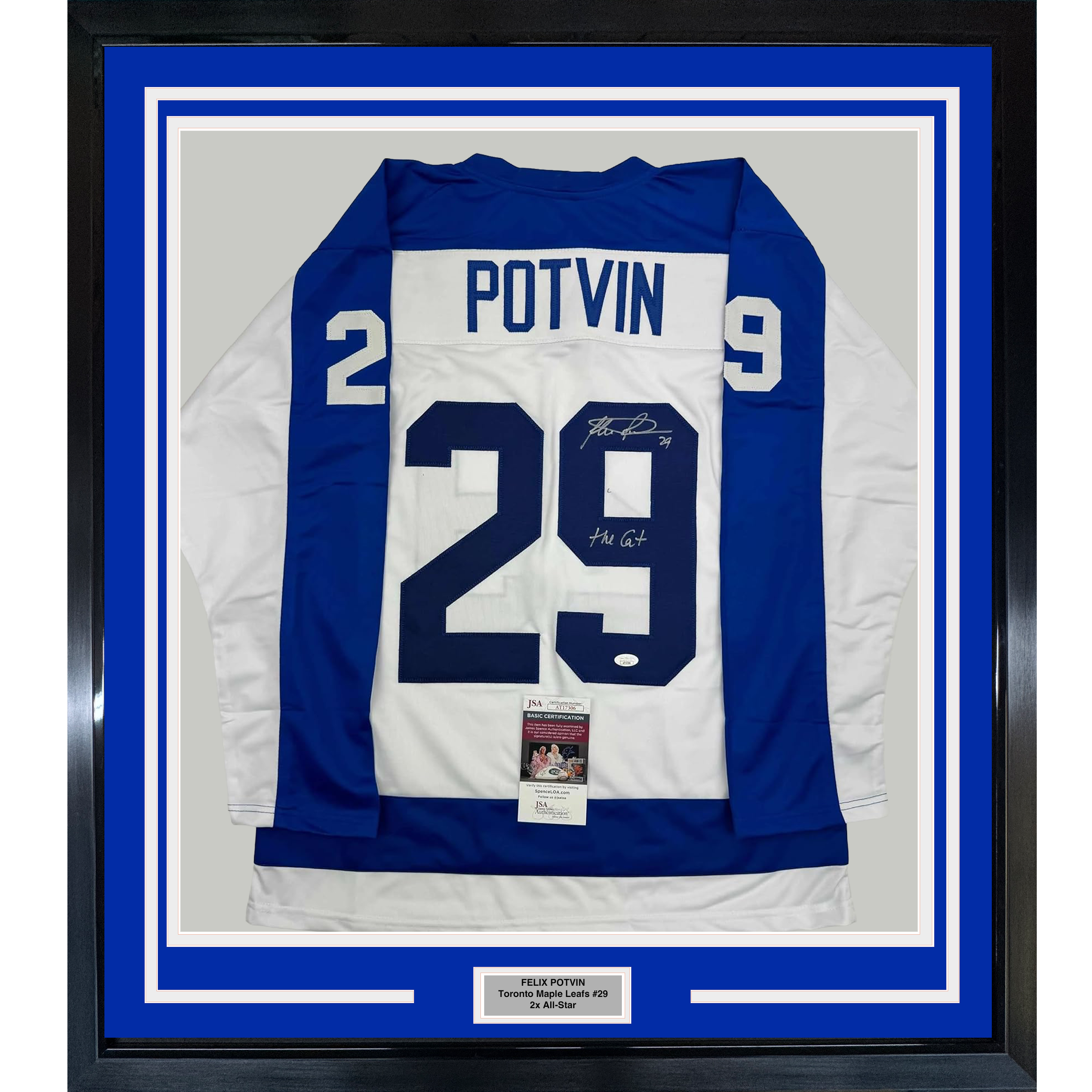 Framed Autographed/Signed Felix Potvin The Cat 35x39 Toronto White Hockey Jersey JSA COA