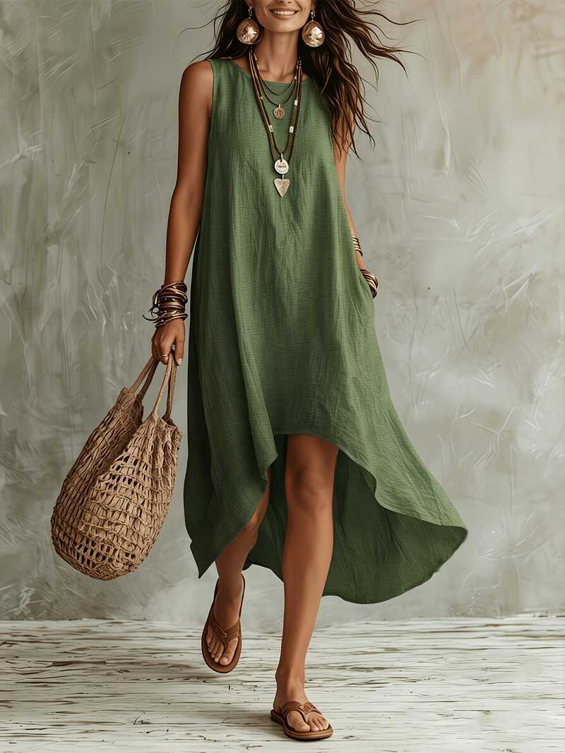Womens Casual Round-neck Sleeveless Loose-fitting Midi Dress