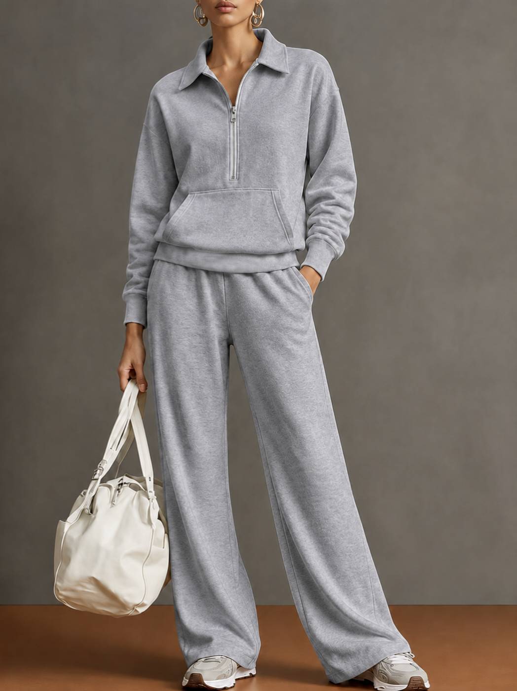 Autumn And Winter New Cross-Border European And American Women's Clothing Lapel Half-Zip Sweatshirt Loose Casual Wide-Leg Pants Two-Piece Set For Women