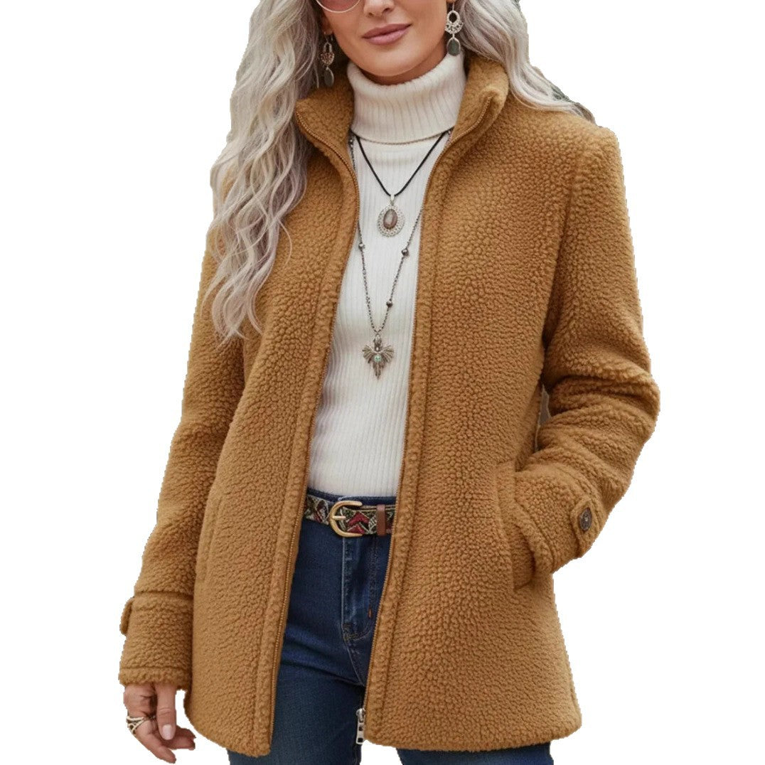 Fleece Zip-Up Jacket Women's Stand Collar Solid Color Loose Fit Casual Long Sleeve Outerwear Clothing