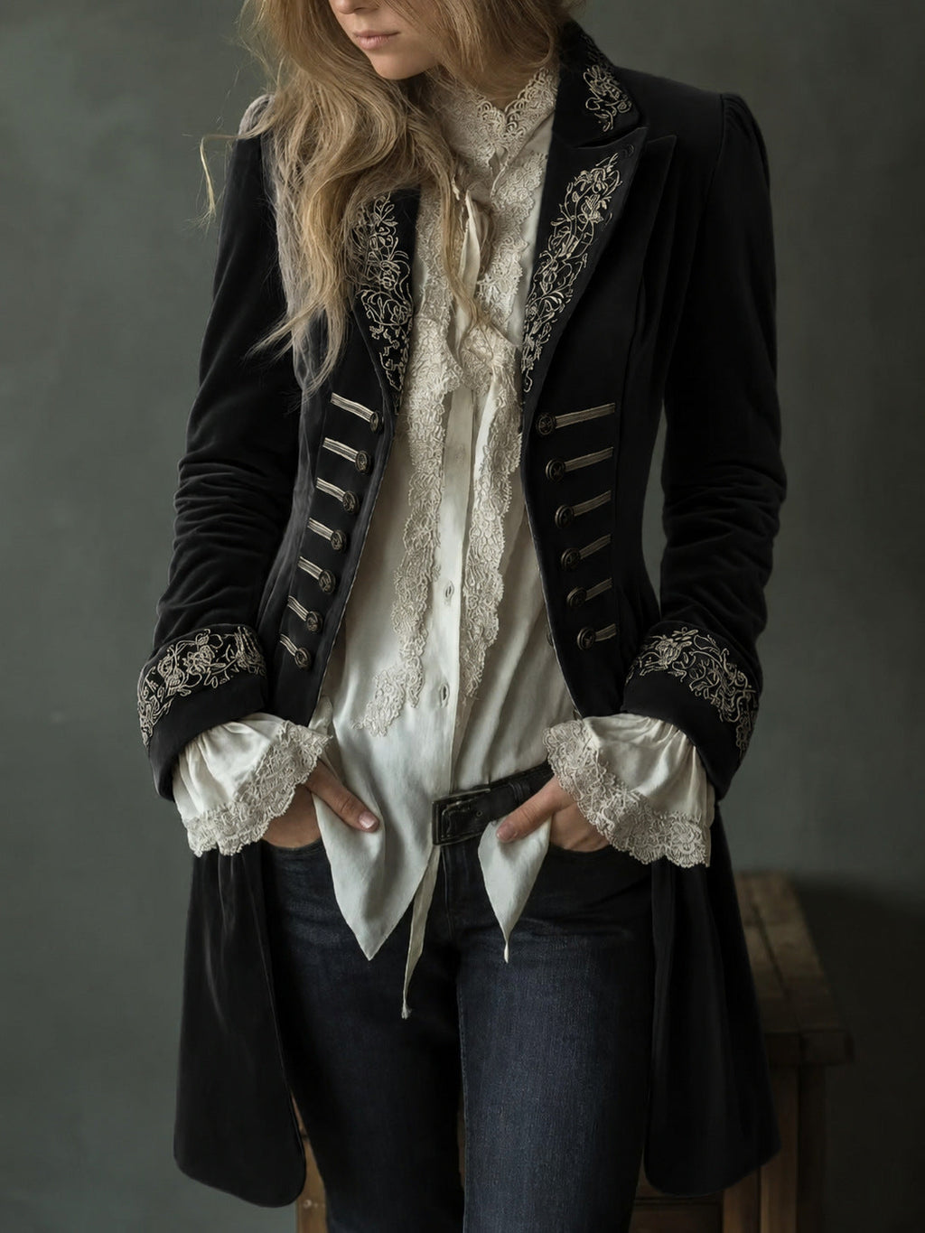 Womens Long-sleeve Solid-color Patchwork Lace Gold-velvet Coat