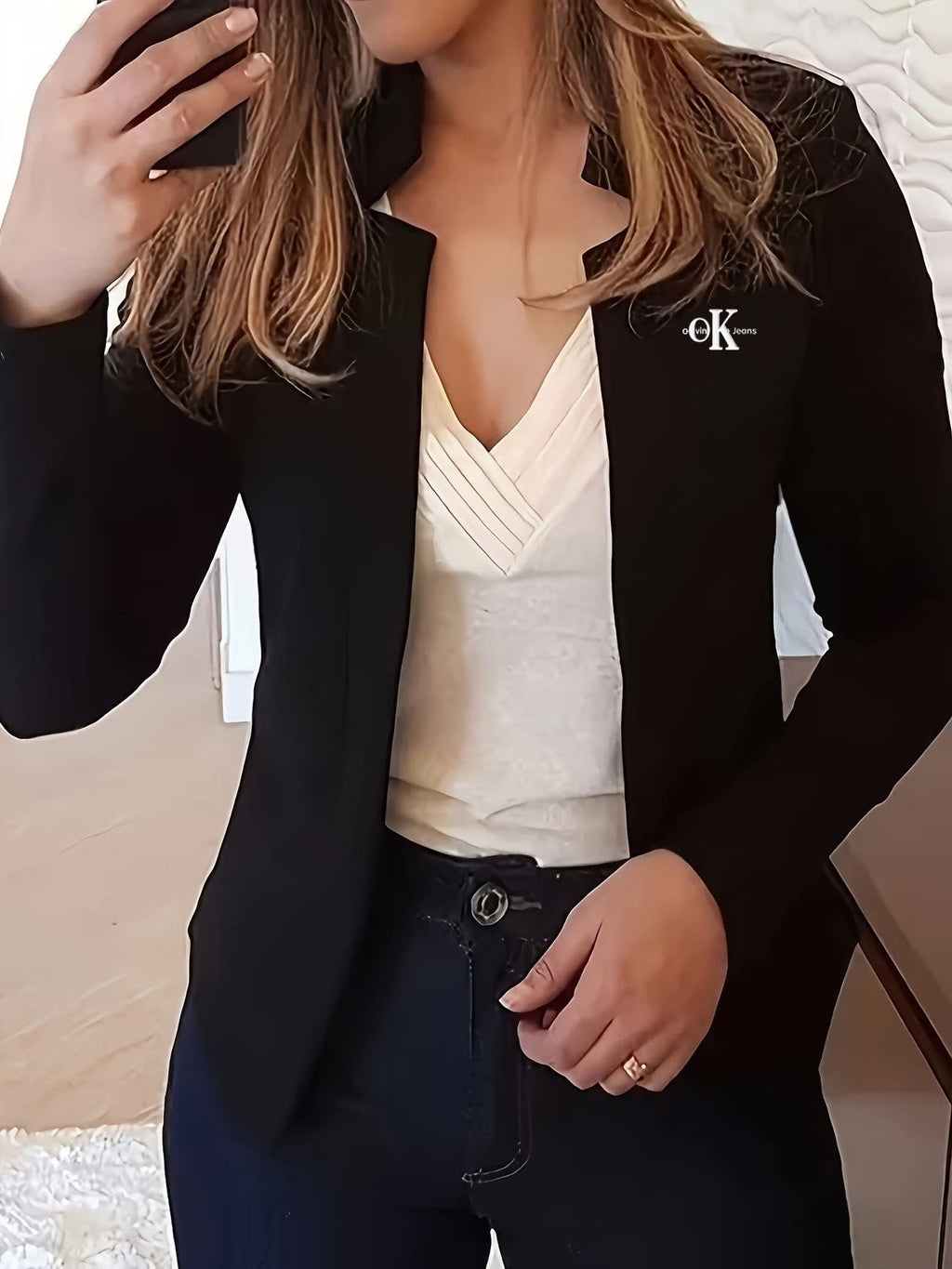 Womens Petite Blazer Cardigan Slim-Fit Long-Sleeve Coat