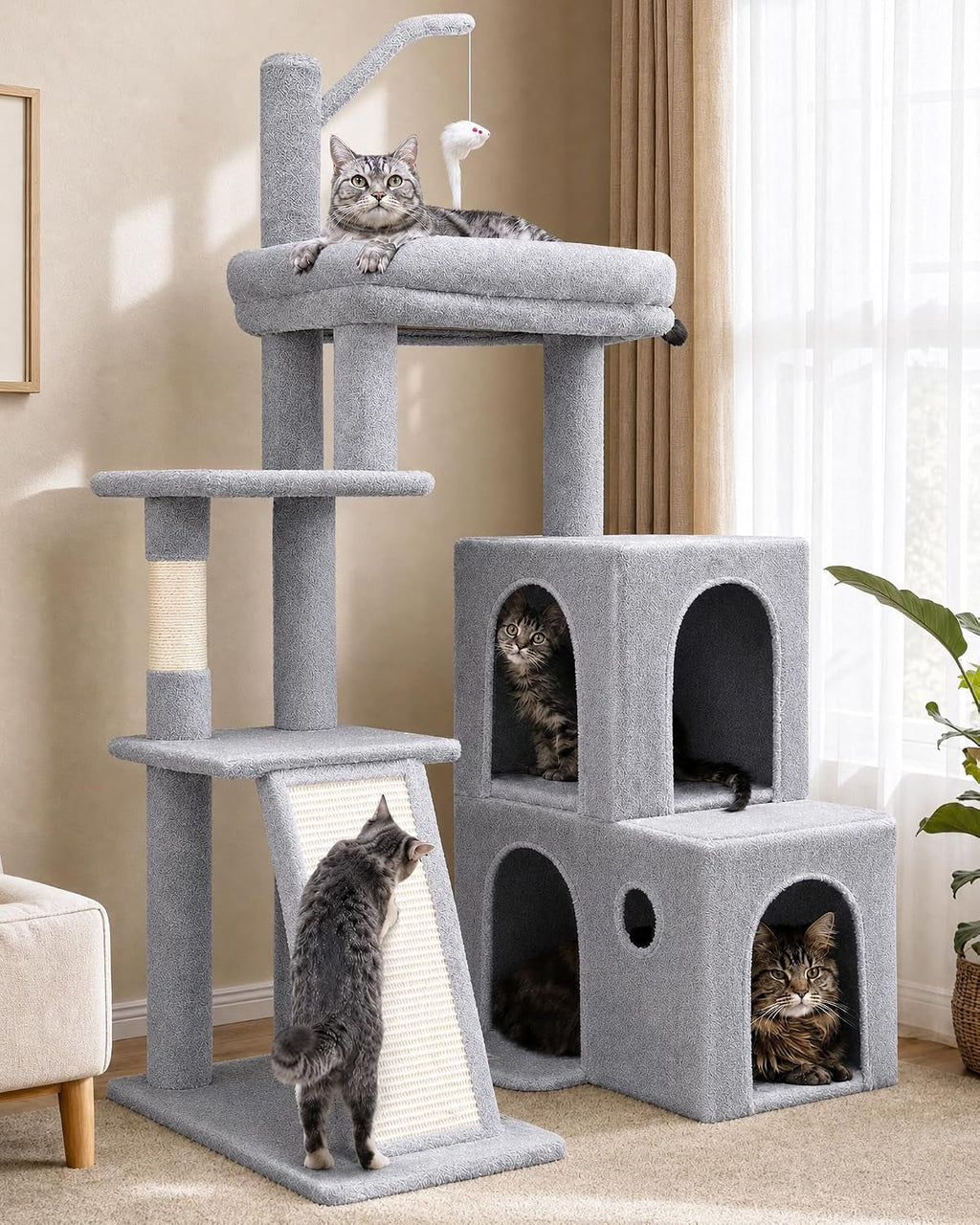 50-Inch Heavy Duty Cat Tree for Large Cats with Scratching Board & Condos