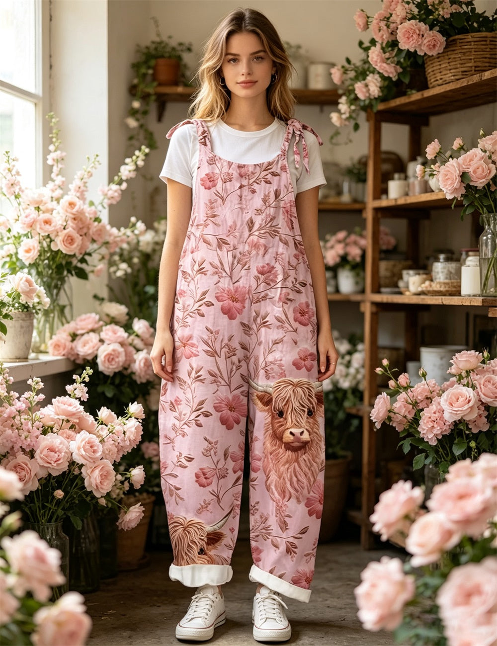 Women Vintage Abstract Plant Block Print Tie Strap Overalls, Loose Wide Leg Rolled Cuff Casual Jumpsuit With Pockets