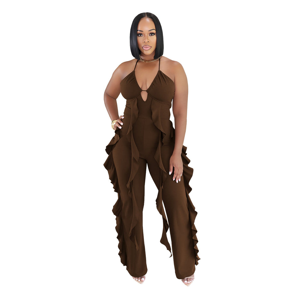 C7836 Cross-border 2026 New Women's Elegant Neck V-neck Ruffled High Waist Slimming Wide Leg Party Jumpsuit