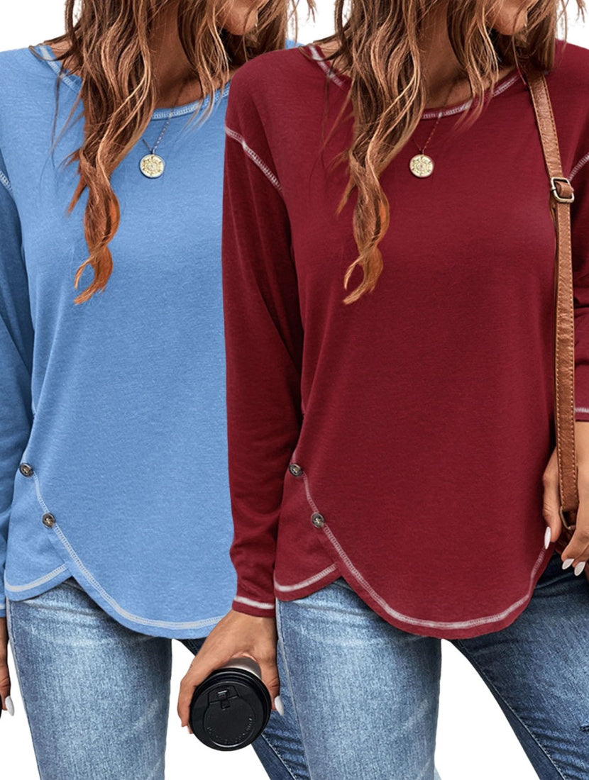 Europe And America New Women's Solid Button Irregular Edge T-shirt