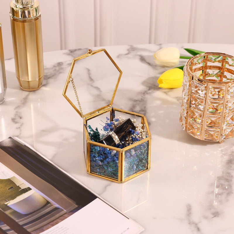 Mini Gold Eternal Flower Hexagon  Glass Jewellery Ring Box