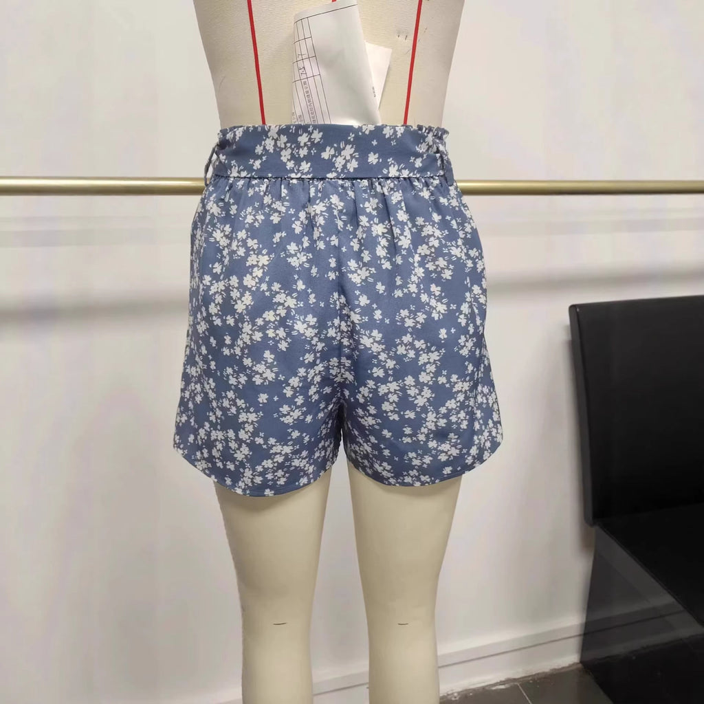 SpringSummer Floral Lace-Up High-Waisted Shorts