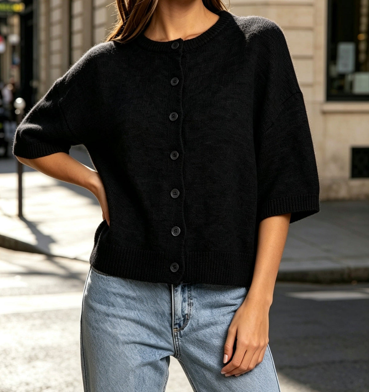 2026 Autumn Cross Border Round Neck Mid Sleeve Knitted Wool Cardigan Women's Loose Shoulder Button Sweater Women's Coat