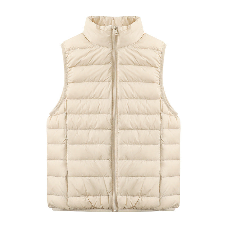 Womens Thin-style Down Vest, Cross-border, Two-way Zipper, 90 White Duck Down, Short Length