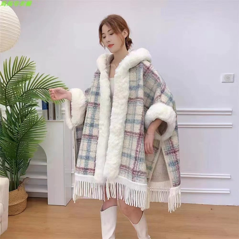 New Winter Hooded Cloak Shawl Fleece-lined And Extra-thick Latest Style