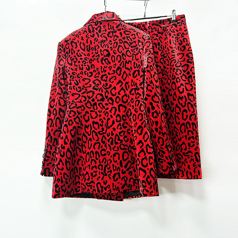 Leopard Print Double Breasted Blazer & Midi Pencil Skirt 2-Piece Suit Set