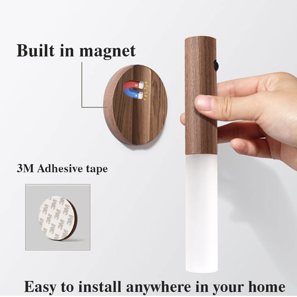 PIR Motion Sensor Night Light – Magnetic Wooden LED Wall Lamp, Rechargeable