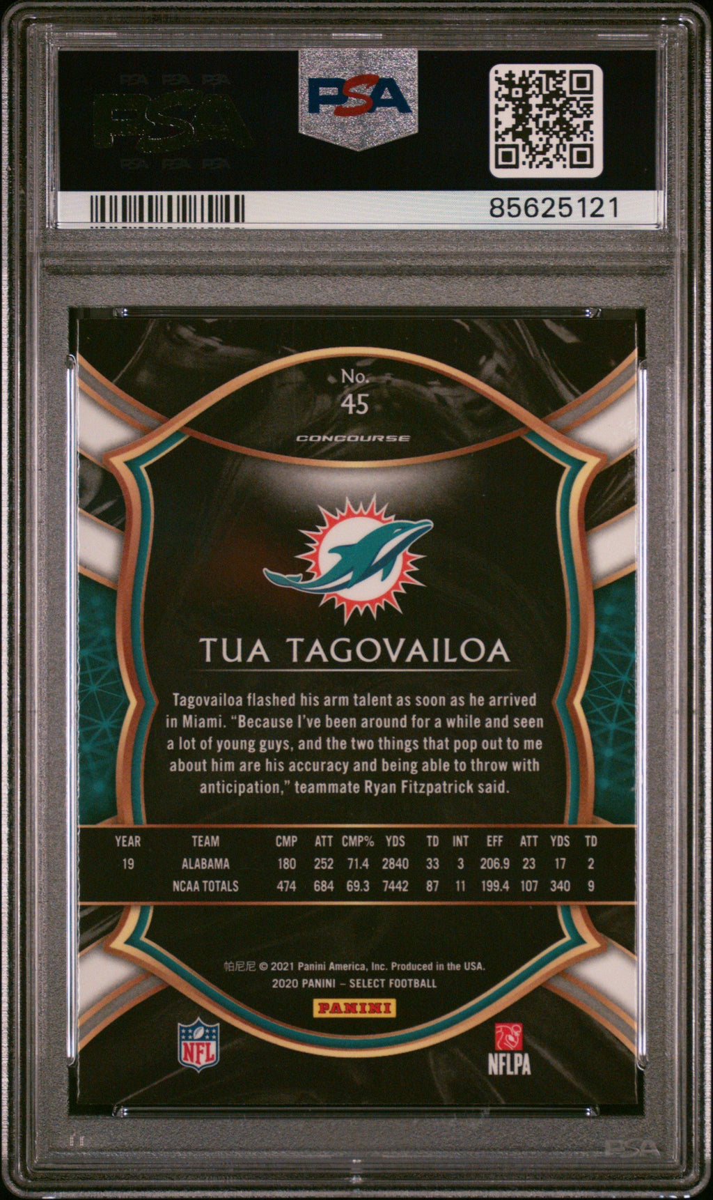 Graded 2020 Panini Select Tua Tagovailoa #45 Rookie RC Football Card PSA 10 Gem Mint