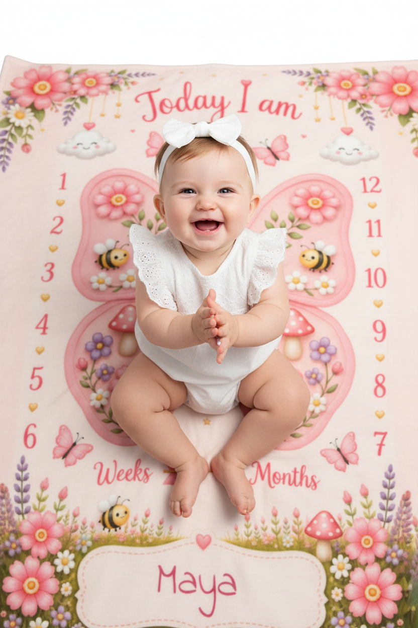 Personalized Baby Weekly & Monthly Milestone Blanket – Photoshoot Prop with Butterfly Garden Design