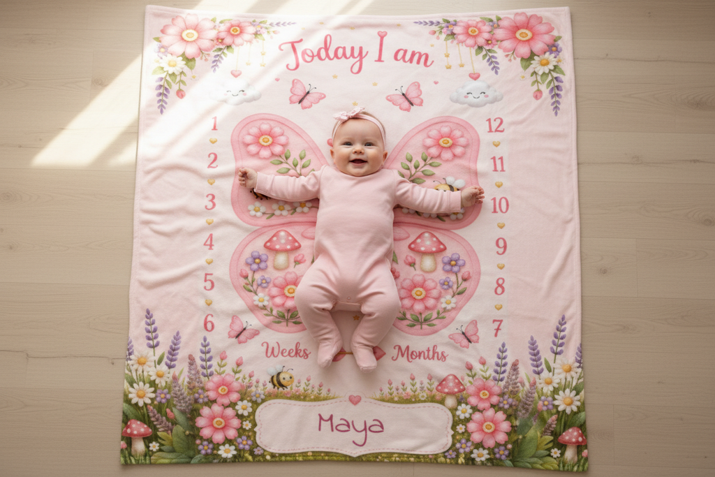 Personalized Baby Weekly & Monthly Milestone Blanket – Photoshoot Prop with Butterfly Garden Design