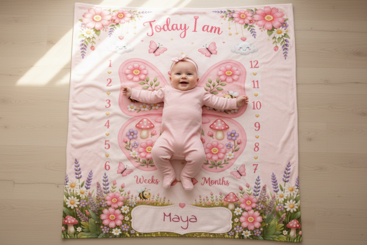 Personalized Baby Weekly & Monthly Milestone Blanket – Photoshoot Prop with Butterfly Garden Design