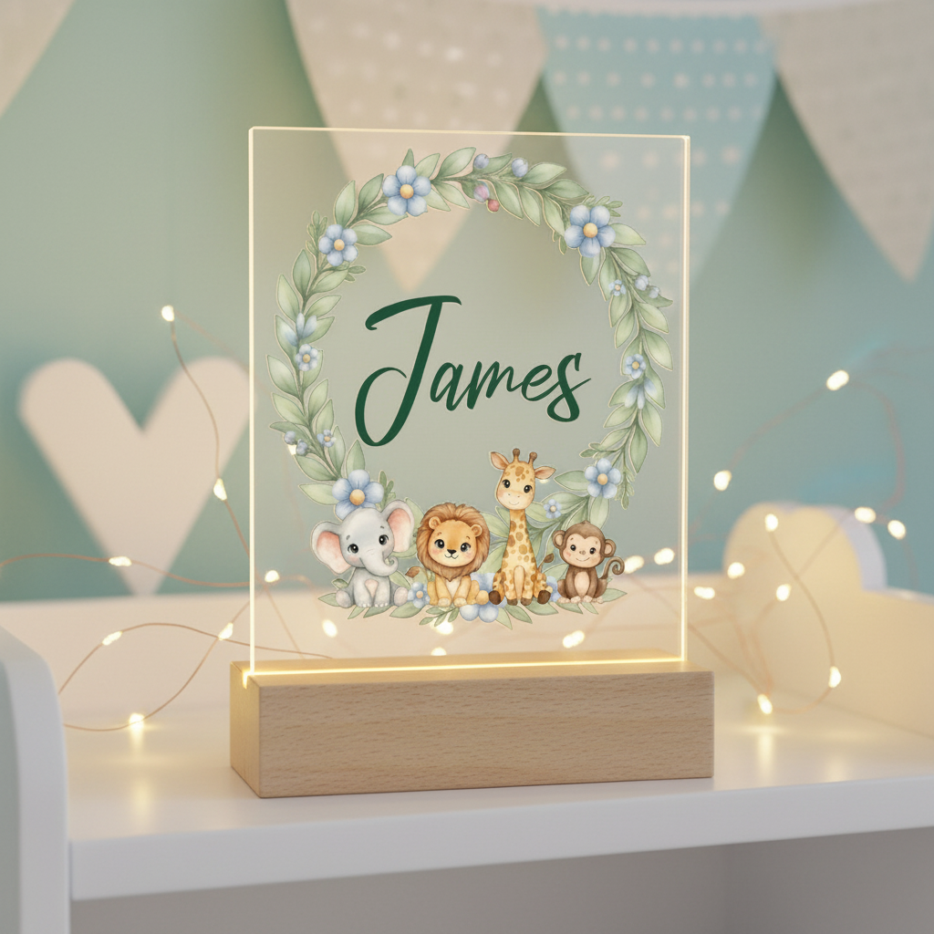 Personalized Baby Safari Night Light - Wooden Base