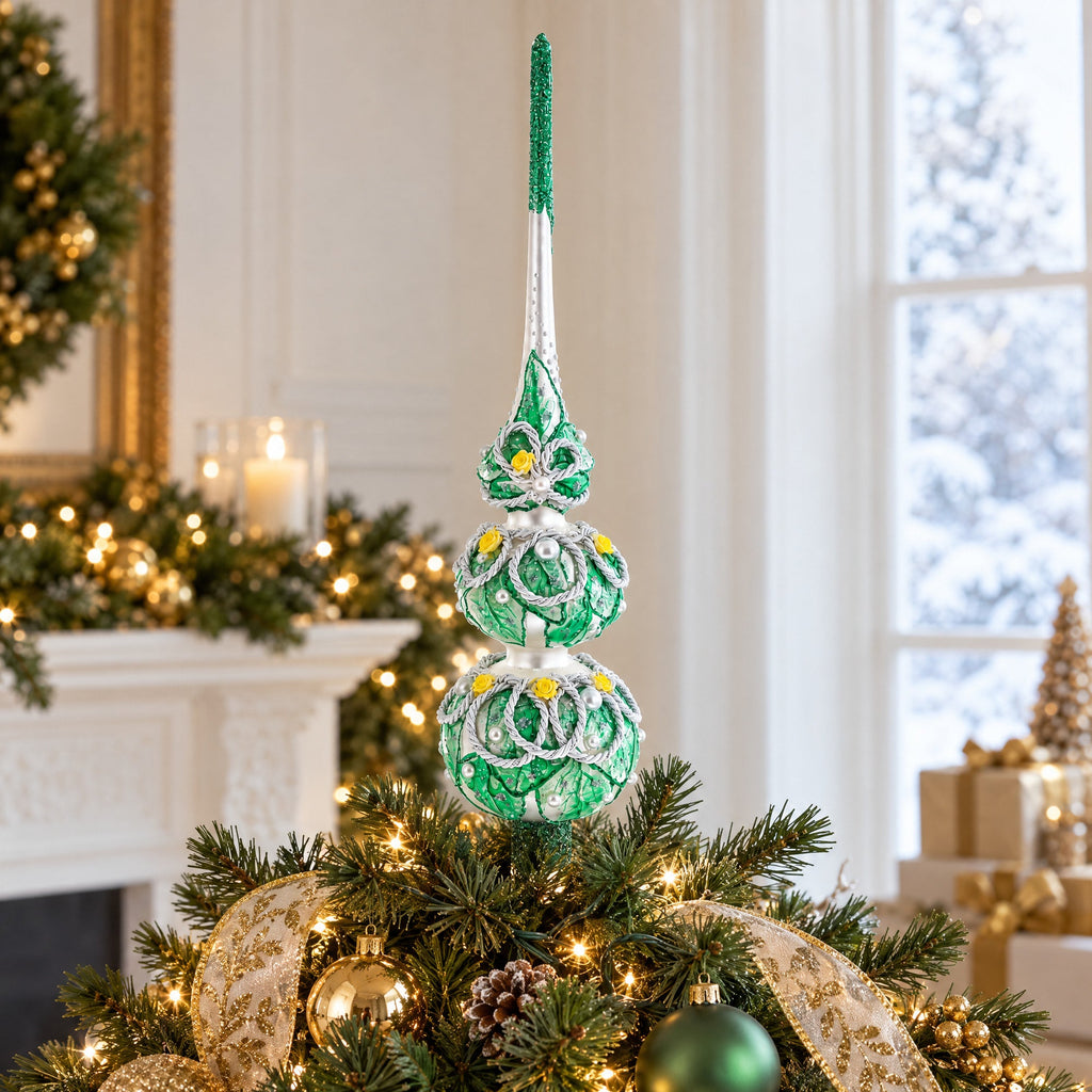 Dimensional Rope and Leaves on White Glass Christmas Tree Topper 12.5 Inches
