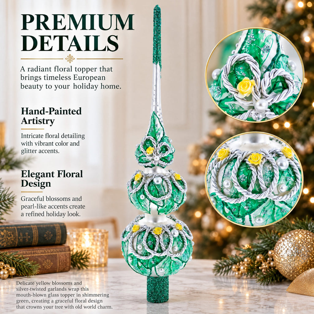 Dimensional Rope and Leaves on White Glass Christmas Tree Topper 12.5 Inches