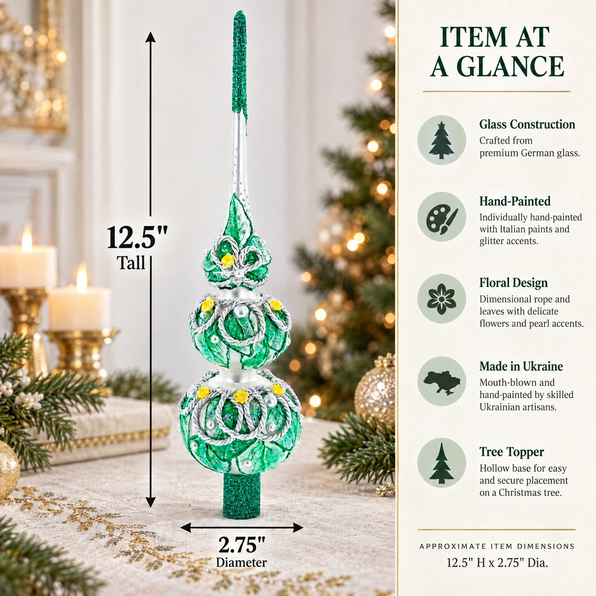 Dimensional Rope and Leaves on White Glass Christmas Tree Topper 12.5 Inches