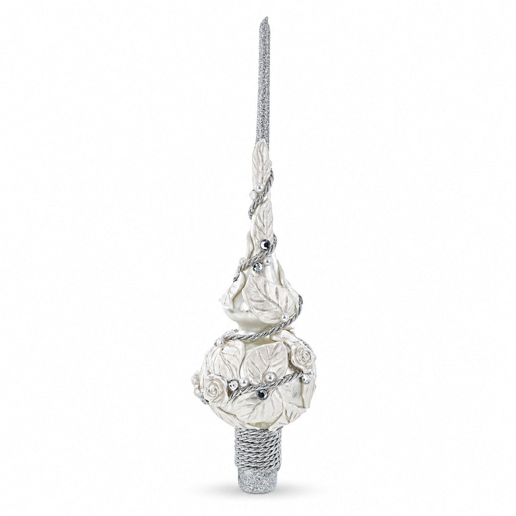White Roses with Leaves on White Glass Christmas Tree Topper 11 Inches