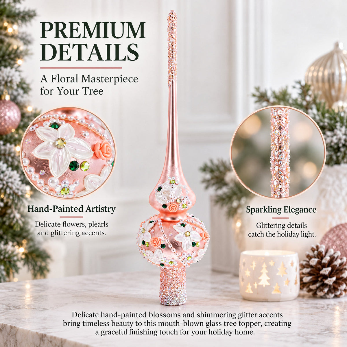 Pink Flowers on Metallic Rose Pink Glass Christmas Tree Topper 11 Inches