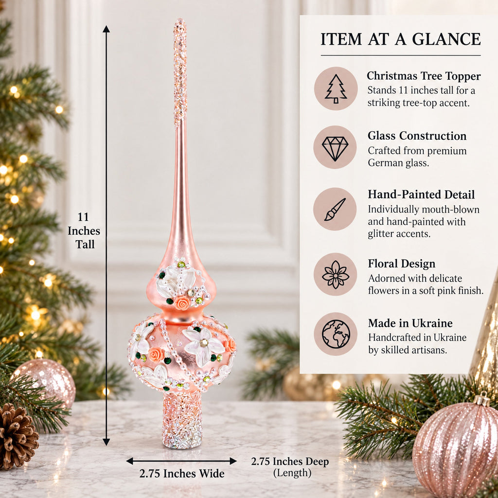Pink Flowers on Metallic Rose Pink Glass Christmas Tree Topper 11 Inches