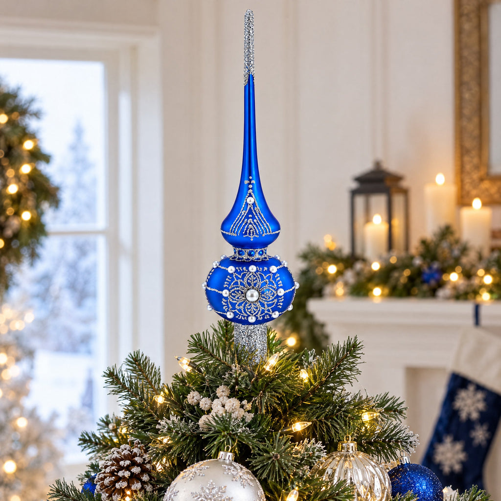 Silver Web on Blue Glass Christmas Tree Topper 11 Inches