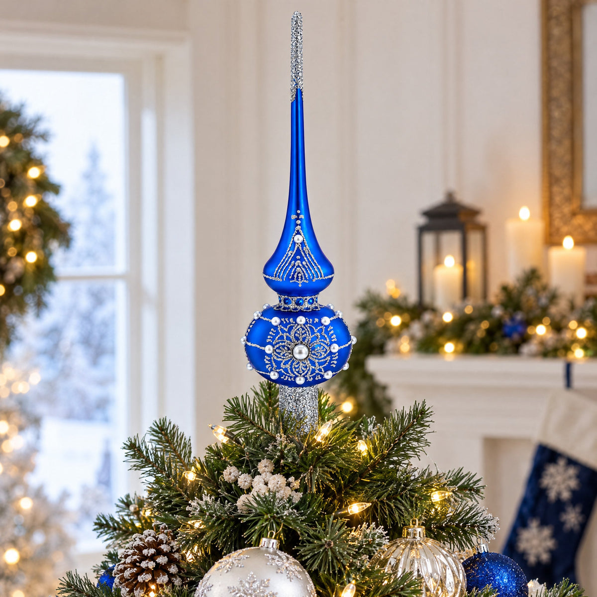 Silver Web on Blue Glass Christmas Tree Topper 11 Inches
