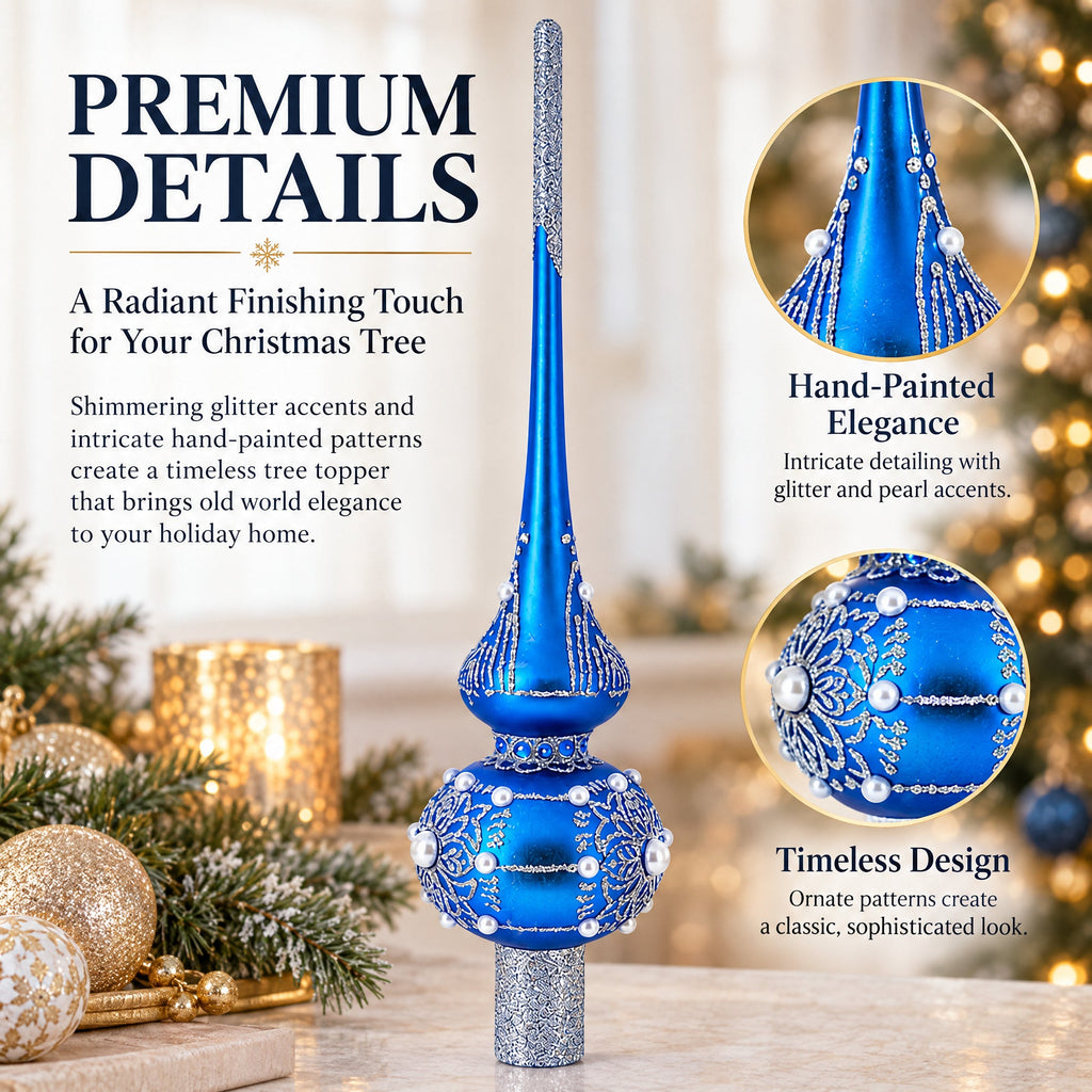 Silver Web on Blue Glass Christmas Tree Topper 11 Inches