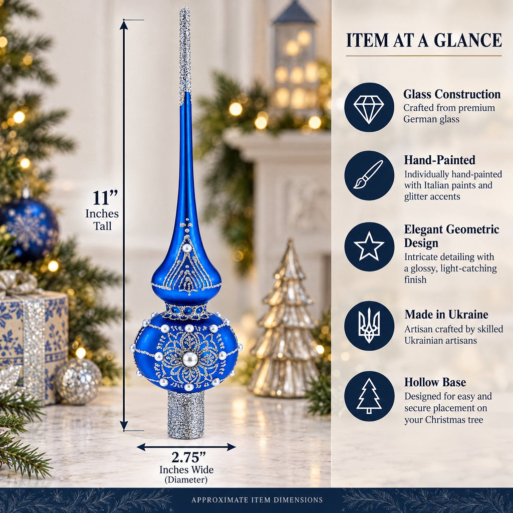 Silver Web on Blue Glass Christmas Tree Topper 11 Inches