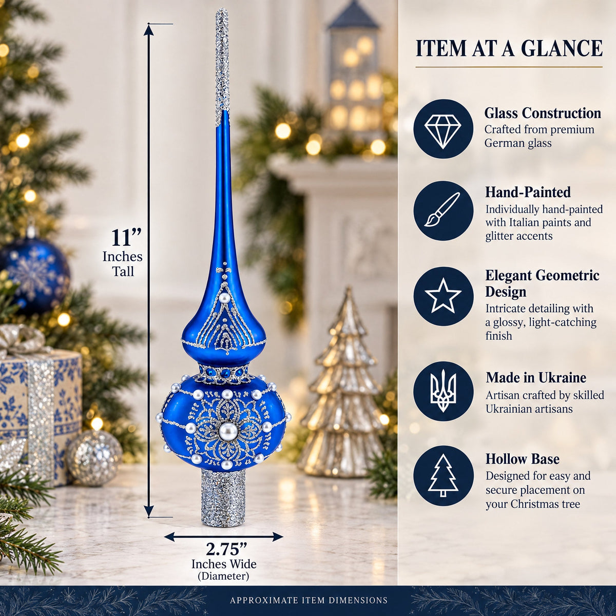 Silver Web on Blue Glass Christmas Tree Topper 11 Inches