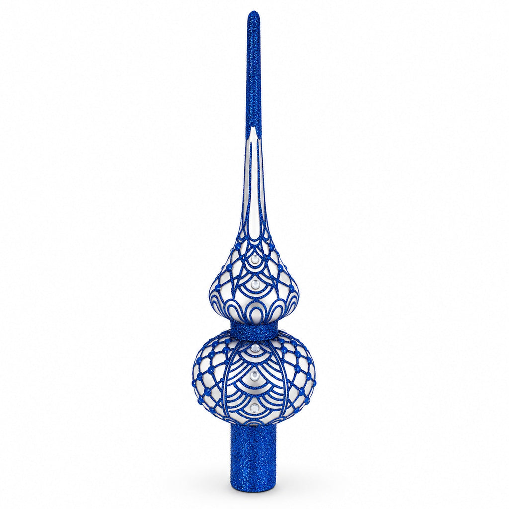 Blue on Silver Glass Christmas Tree Topper 11 Inches