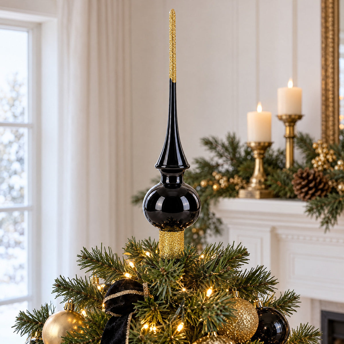 Glossy Black Glass Christmas Tree Topper 11 Inches