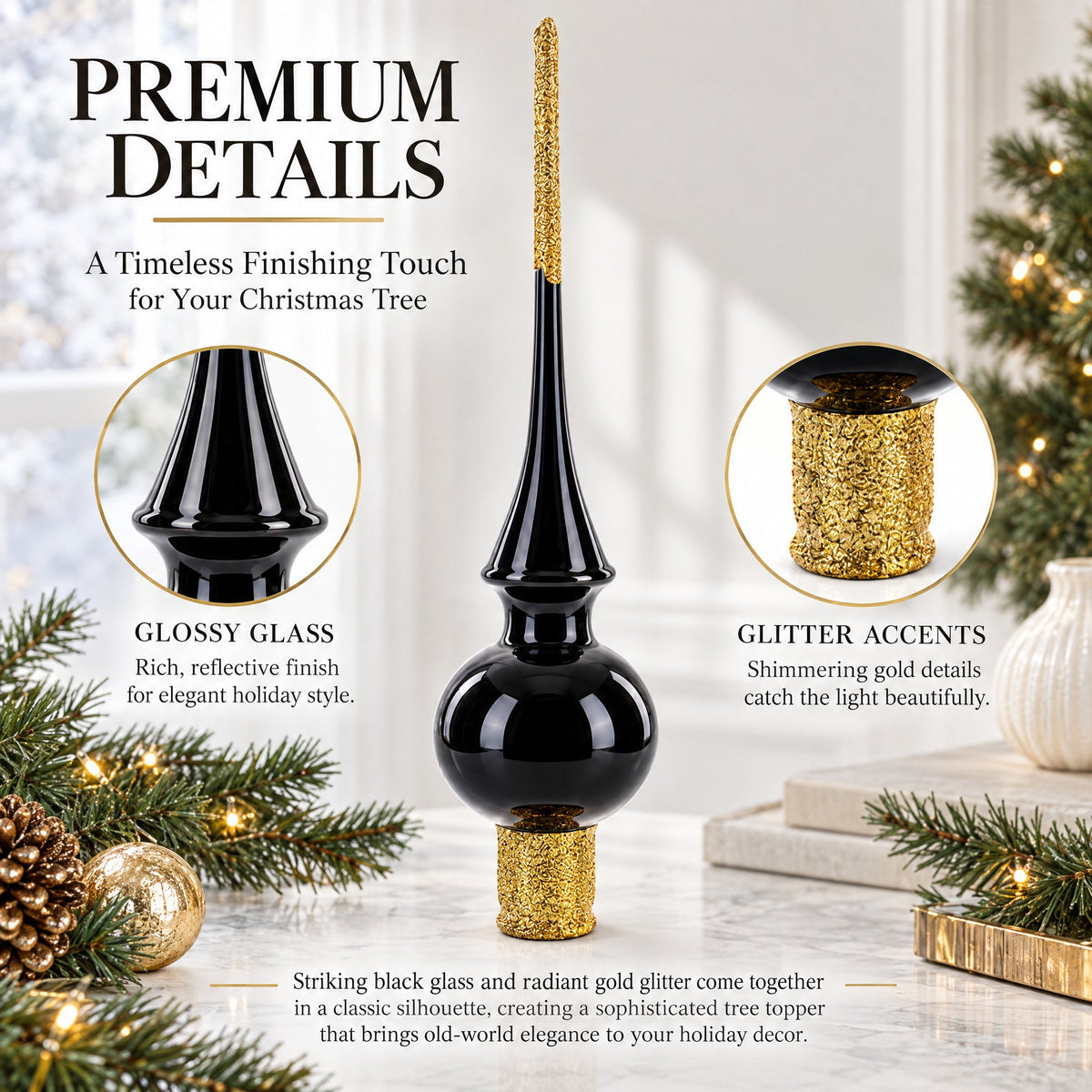 Glossy Black Glass Christmas Tree Topper 11 Inches