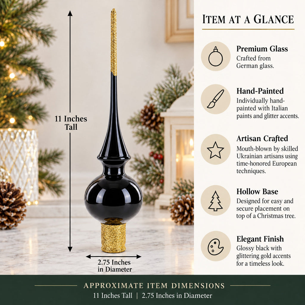 Glossy Black Glass Christmas Tree Topper 11 Inches