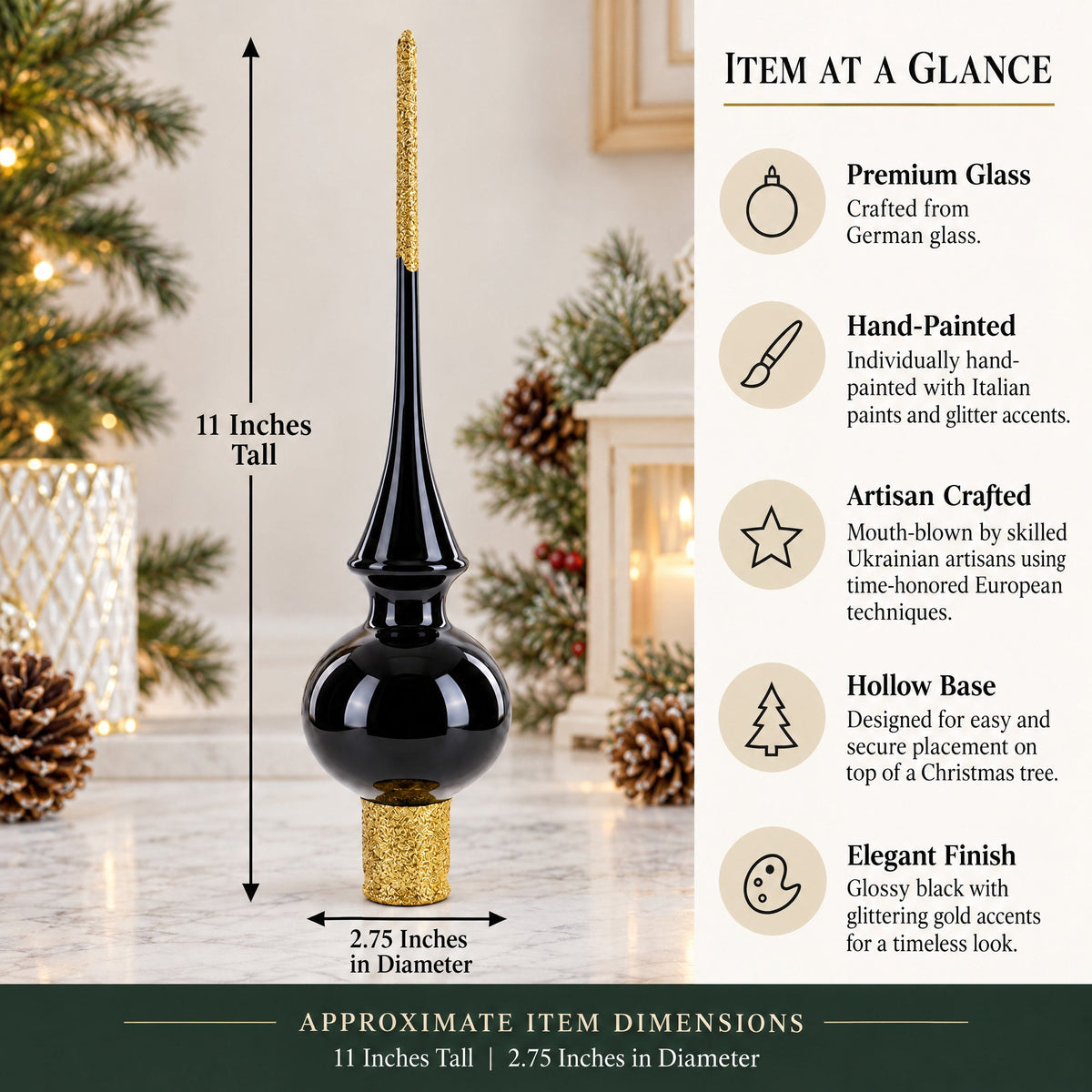 Glossy Black Glass Christmas Tree Topper 11 Inches