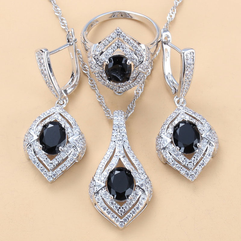 Gem-inlaid Pendant Earrings Necklace Ring Ladies Three-piece Set