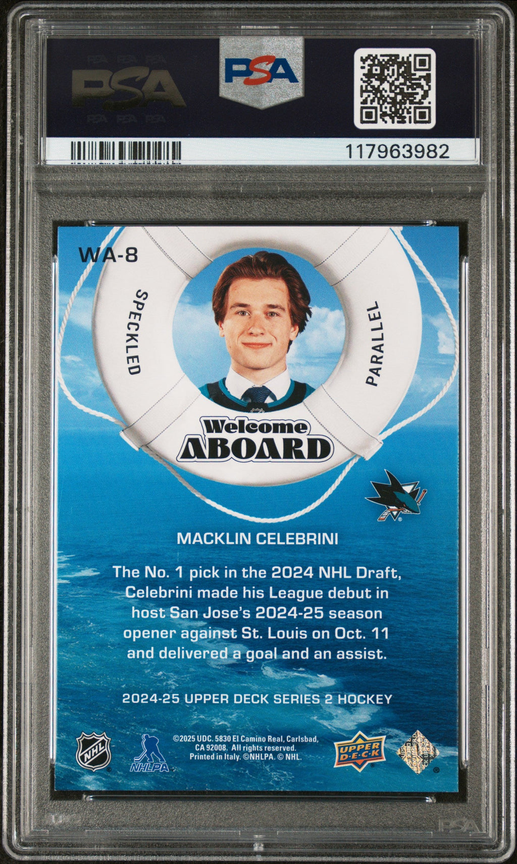 Graded 2024 Upper Deck Macklin Celebrini #WA8 Welcome Aboard Speckle Rookie RC Hockey Card PSA 10 Gem Mint