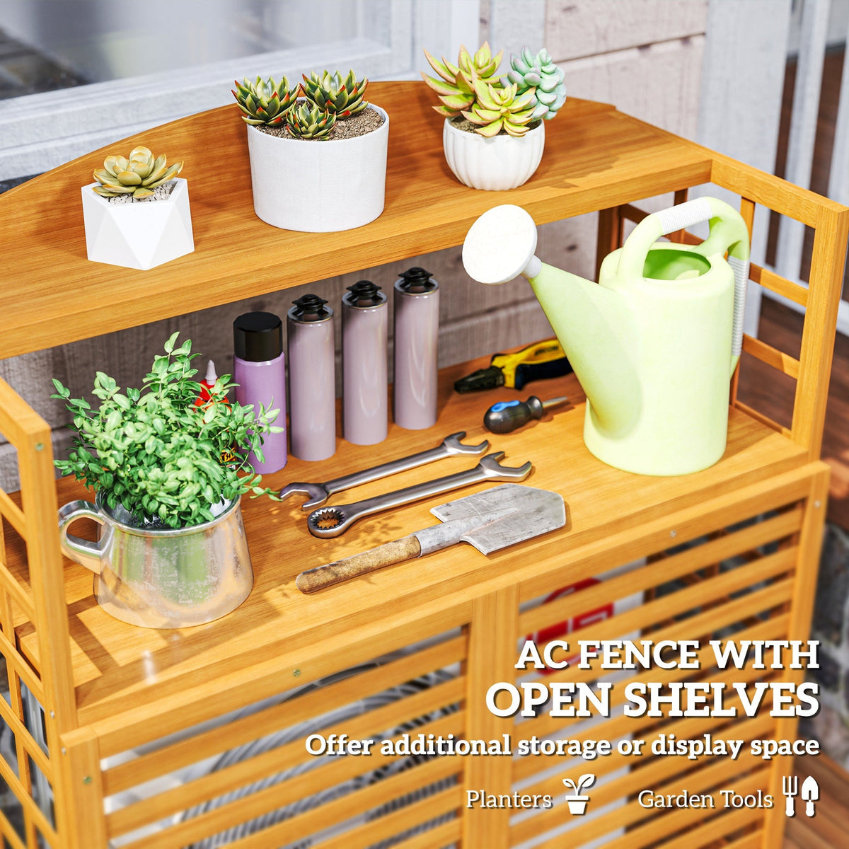 Outdoor AC Unit Privacy Fence – Wooden Air Conditioner Screen with Potting Table & Shelves
