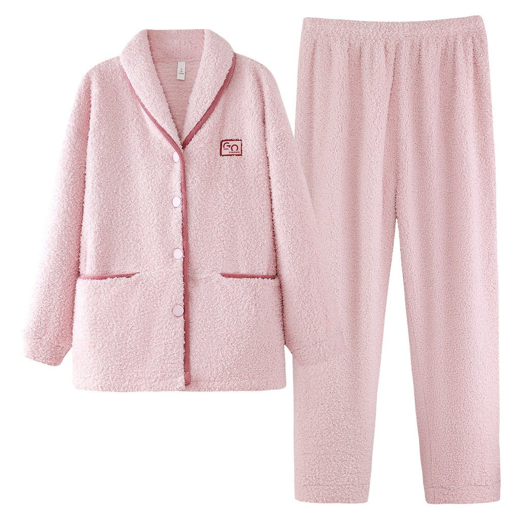 Flannel Thick Warm Long Sleeves Coral Fleece Couple Pajamas Suit