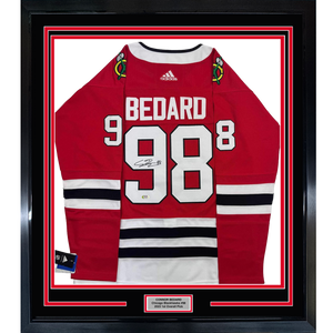 Framed Autographed/Signed Connor Bedard 35x39 Chicago Blackhawks Red Hockey Jersey PSA COA