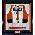 Framed Autographed/Signed Bernie Parent 35x39 Philadelphia White Hockey Jersey JSA COA