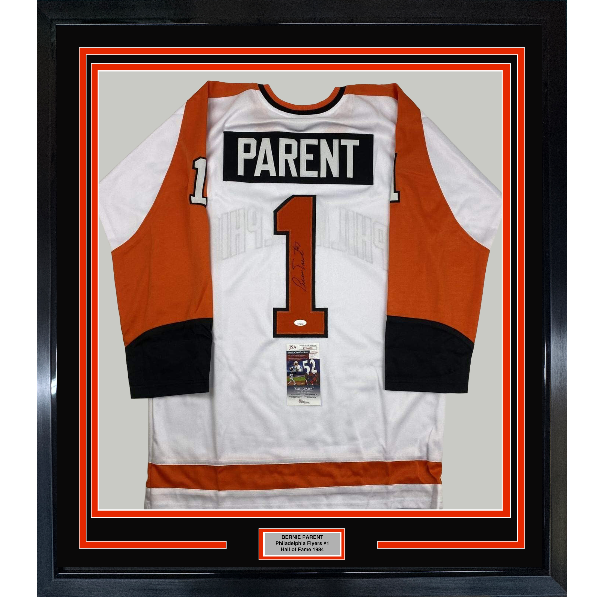 Framed Autographed/Signed Bernie Parent 35x39 Philadelphia White Hockey Jersey JSA COA