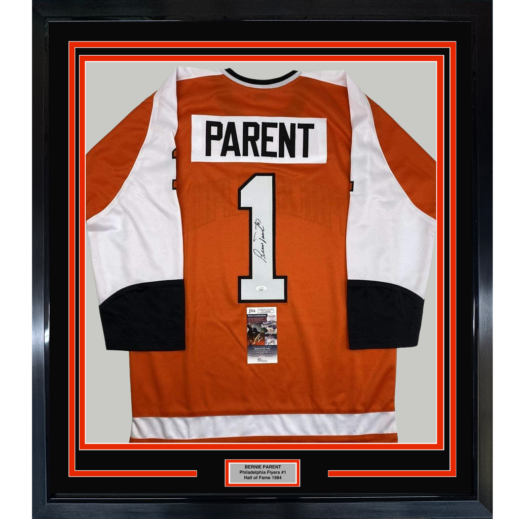 Framed Autographed/Signed Bernie Parent 35x39 Philadelphia Orange Hockey Jersey JSA COA