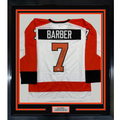 Framed Autographed/Signed Bill Barber 35x39 Philadelphia White Hockey Jersey Beckett BAS COA