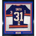Framed Autographed/Signed Billy Smith 35x39 New York Blue Hockey Jersey JSA COA