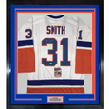 Framed Autographed/Signed Billy Smith 35x39 New York White Hockey Jersey JSA COA